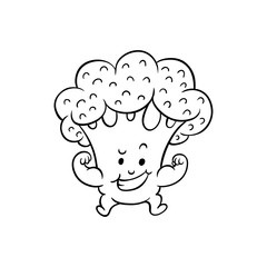 Cheerful broccoli character showing strong biceps muscles. Funny green vegetable cute healthy organic food full of vitamins. Cartoon smiling plant with arms, legs. Vector monochrome illustration