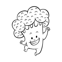 Cheerful broccoli character dancing, jumping and having fun. Funny green vegetable cute healthy organic food full of vitamins. Cartoon smiling plant with arms, legs. Vector monochrome illustration