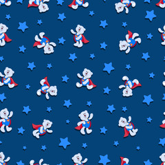 White bear cubs are super-kids and stars. Seamless pattern. Dark blue background. Design for children's textiles, gift wrapping. 