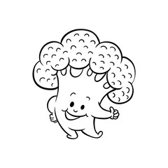 Cheerful broccoli character showing thumbs up gesture by fingers. Funny vegetable cute healthy organic food full of vitamin. Cartoon smiling plant with arms, legs. Vector monochrome illustration