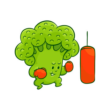 Cheerful broccoli character in boxing gloves workout with punching bag. Funny green vegetable healthy organic food full of vitamins. Cartoon hand drawn plant with arms, legs. Vector illustration