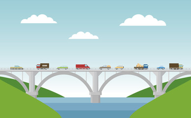 Vector landscape with bridge and cars.