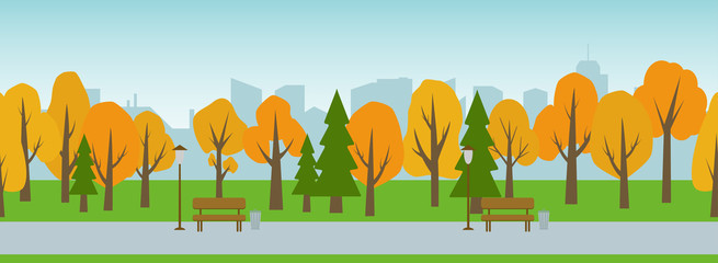 Vector seamless illustration. Park with benches on the city background.