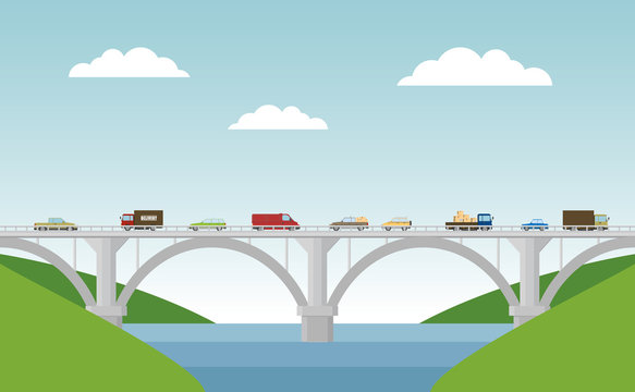 Fototapeta Vector landscape with bridge and cars.