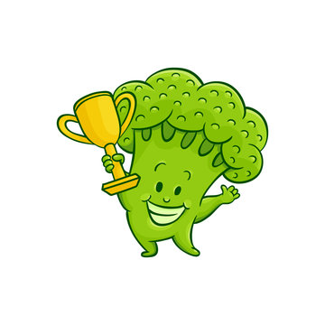 Cheerful broccoli character with winner golden cup trophy. Funny green vegetable cute healthy organic food full of vitamins. Cartoon smiling hand drawn plant with arms, legs. Vector illustration