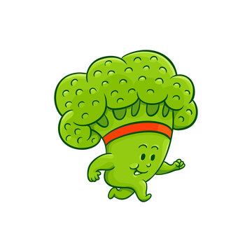 Cheerful broccoli character running, jogging workout. Funny green vegetable cute healthy organic food full of vitamins. Cartoon smiling hand drawn plant with arms, legs. Vector illustration