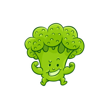 Cheerful broccoli character showing strong biceps muscles. Funny green vegetable cute healthy organic food full of vitamins. Cartoon smiling hand drawn plant with arms, legs. Vector illustration