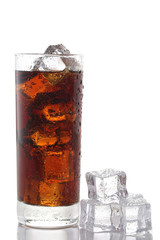 Glass of cola and ice cubes isolated on white