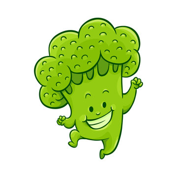 Cheerful broccoli character dancing, jumping and having fun. Funny green vegetable cute healthy organic food full of vitamins. Cartoon smiling hand drawn plant with arms, legs. Vector illustration