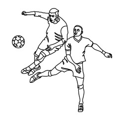 Two footballers are fighting for the ball. 