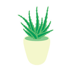 Aloe vera bush in a pot, pot succulent plant, flower isolated on white background. Vector illustration.