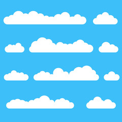 Clouds icon set. Different cloud shapes isolated on the blue sky background. Vector illustration.