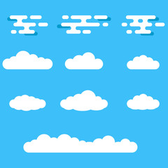 Clouds icon set. Different cloud shapes isolated on the blue sky background. Vector illustration.