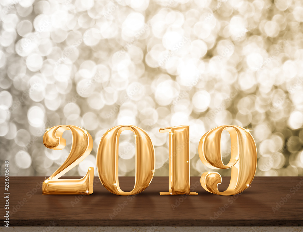 Poster happy new year 2019 gold glossy with sparkling star on dark brown table with gold bokeh wall,holiday