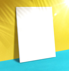 Blank poster at vivid yellow wall and turquoise floor with palm leaf shadow with sunbeam background,Mock up studio room for display of product for advertising on media,Summer vacation presentation.