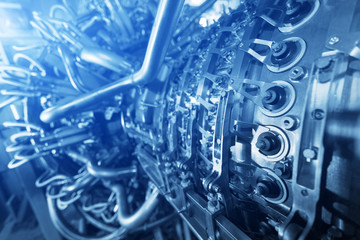 Gas turbine engine of feed gas compressor located inside pressurized enclosure, The gas turbine engine used in offshore oil and gas central processing platform. © Alexander