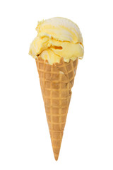 Banana ice cream in waffle cone isolated on white