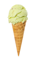 Pistachio ice cream in waffle cone isolated on white