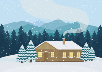 Vector house in the snowy forest.