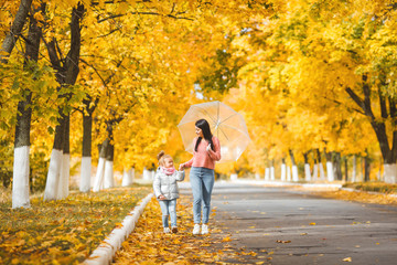 Fototapeta premium Cheerful girls walking the autumn park togrther