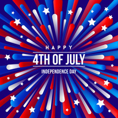 4th of July, Independence day - greeting design with USA patriotic colors firework burst rays. - obrazy, fototapety, plakaty