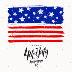 4th of July, Independence day - design with brush calligraphy greeting and USA colours symbol. Vector illustration