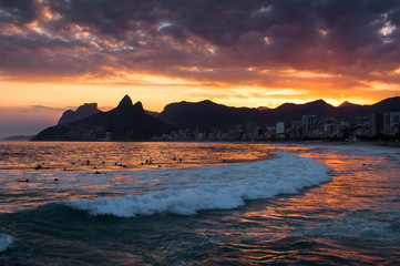 Sunset View in Rio de Janeiro, From Arpoador Rock, to the Ipanema Beach and Mountains in the Horizon