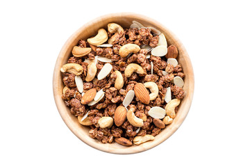 Close up top view granola in the bowl on isolated with clipping path.