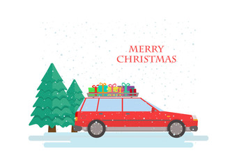 Red car with pines and gift boxes. Merry Christmas.