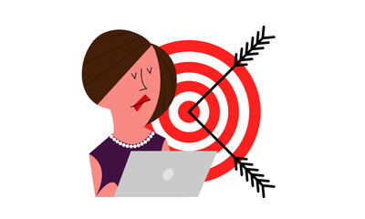 Achieve Target Concept. Woman working on laptop computer. Modern Flat vector illustration of a business woman.