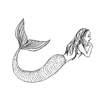 Mermaid laying, hand drawn outline doodle sketch, black and white vector illustration