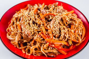 Noodles with  beef, pepper and sesame seeds on a red plate on a white background. Traditional Italian pasta. Close