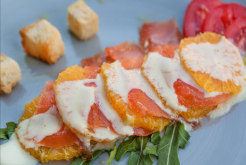 Popiular italian sea-food carpaccio at kitchen of modern restaurant Mediterranean dish plate