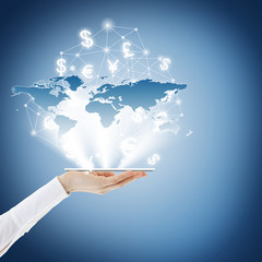 Best Internet Concept of global business from concepts series. Touch screen, hands, globe. Phone on the palm, currency icons, lines, links, connect