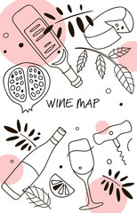 Wine composition. Line art graphic. Restaurant template. Vector illustration
