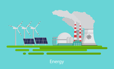 Vector illustration with wind turbines, solar panels and nuclear plant.