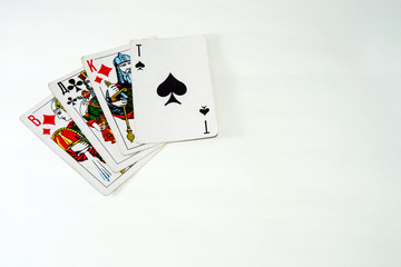 playing cards close up white background, ACE, king, Queen, Jack