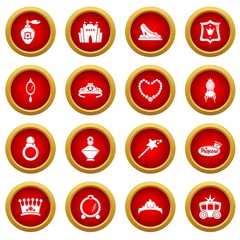Princess doll icons set. Simple illustration of 16 princess doll vector icons for web