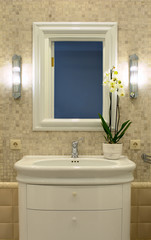 Sink with a mirror in the toilet in a luxurious room in a classic style