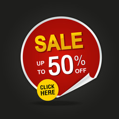 Up to 50% off discount tag,special offer. Modern red and yellow sale website stickers on a black abstract background. Sale banner template design.