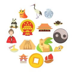 China travel icons set. Cartoon illustration of 16 china travel vector icons for web