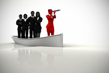 Team with female leader on boat with a telescope as 3d rendering.