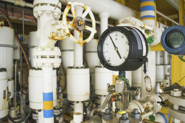 Pressure gauge of co2 calculator on gas process. Wellhead platform.Pressure gauge 