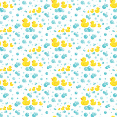 Rubber ducks in soap bubbles. Seamless pattern.