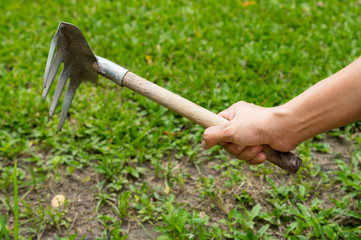 Girl using single hand garden rake.