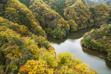 Landscape of Ryujin dam lake from Ryujin Big Suspension Bridge