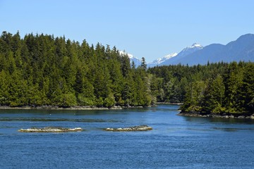 Fototapeta na wymiar looking across the bay towards a island group near Tofino; Vancouver Island British Columbia Canada 