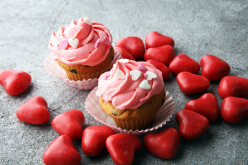 Delicious cupcake for Valentine Day. cake for Valentines day with chocolate and strawberries. Traditional homemade with red roses