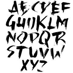 Grunge distress font. Modern dry brush ink letters. Handwritten alphabet. Vector illustration.