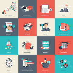 Business and management icon set for website development and mobile phone services and apps. Flat vector illustration.